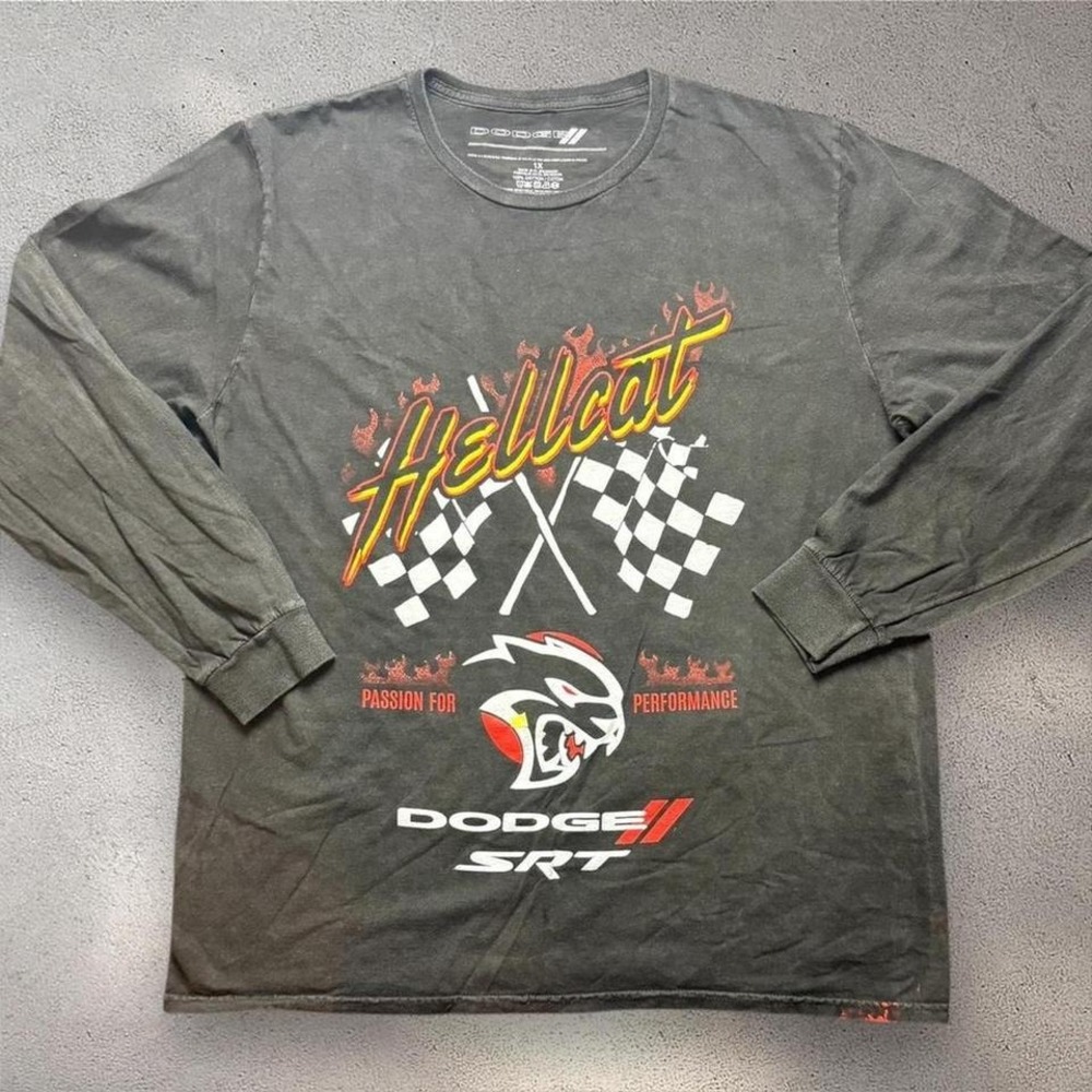 Dodge SRT Hellcat Long Sleeve Graphic T-Shirt Mens 1X Charcoal‎ Black Racing Tee